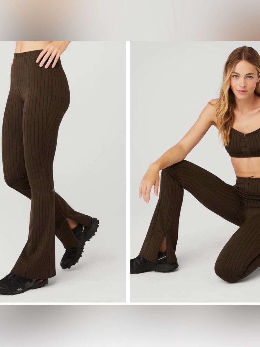 Alo Yoga High-Waist Pinstripe Zip It Flare Legging Brown Pinstripe